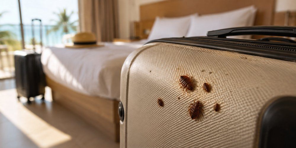 Bed bugs on suitcase showing how infestations spread through travel