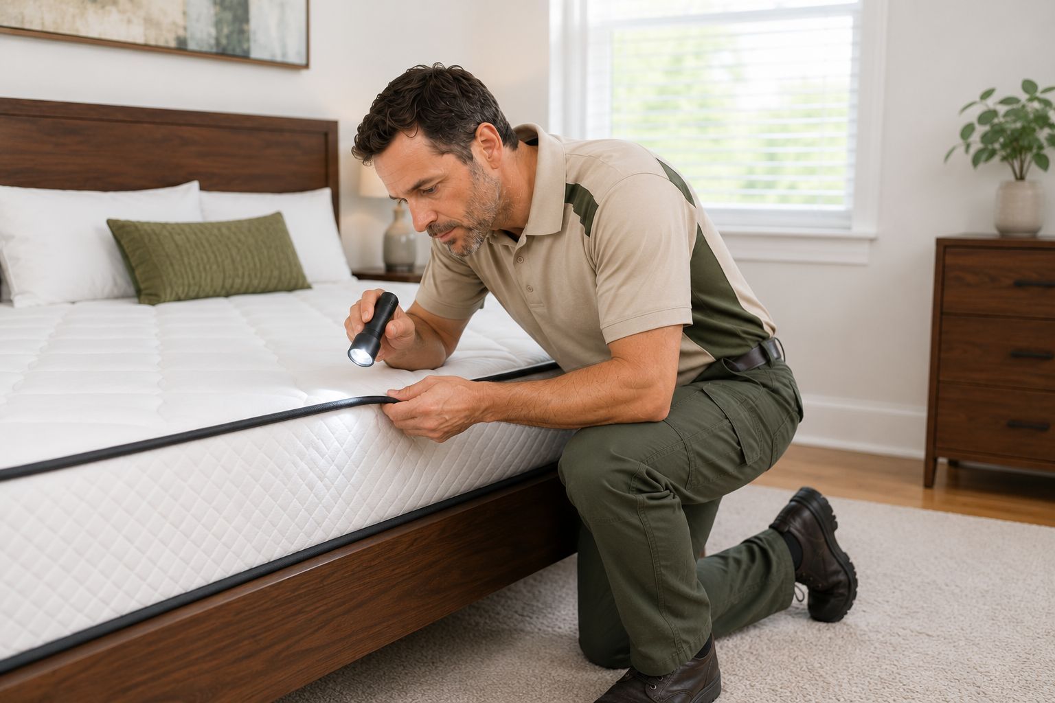 bedbug exterminator checking mattress