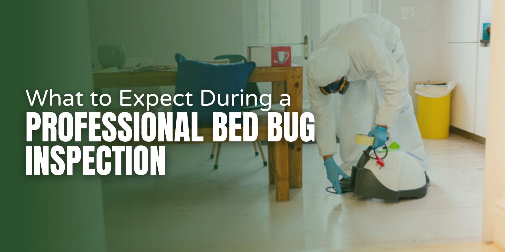 Technician performing professional bed bug inspection on mattress and furniture
