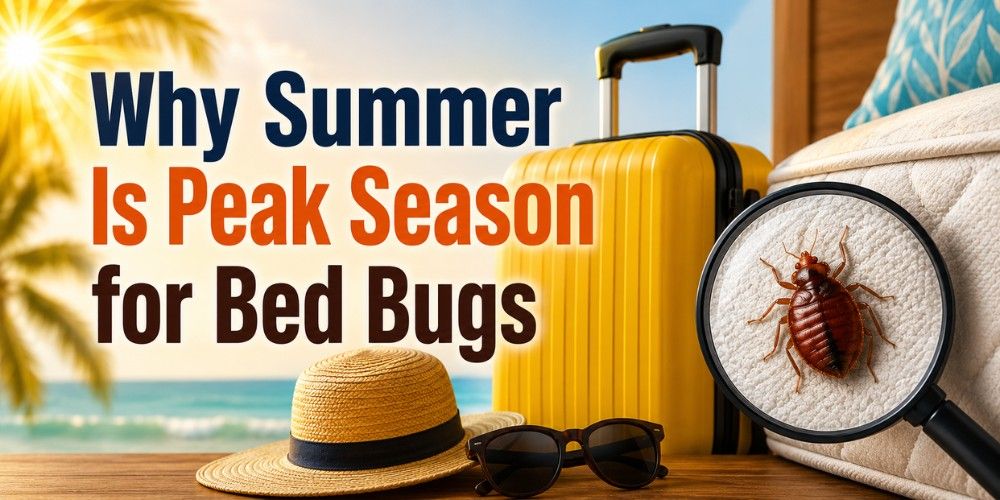 Infographic showing why summer is peak season for bed bugs, including travel exposure, hitchhiking behavior, and prevention tips