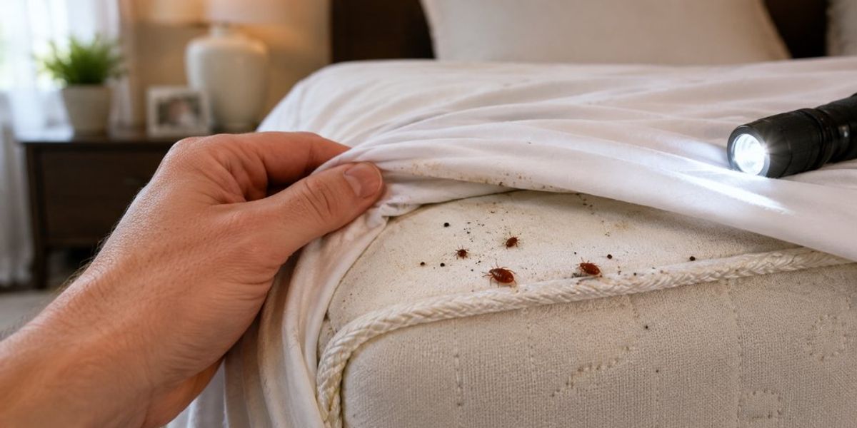Professional inspecting bed frame for bed bugs using flashlight
