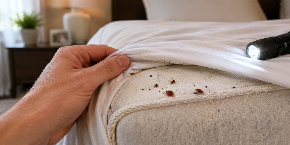 Professional inspecting bed frame for bed bugs using flashlight