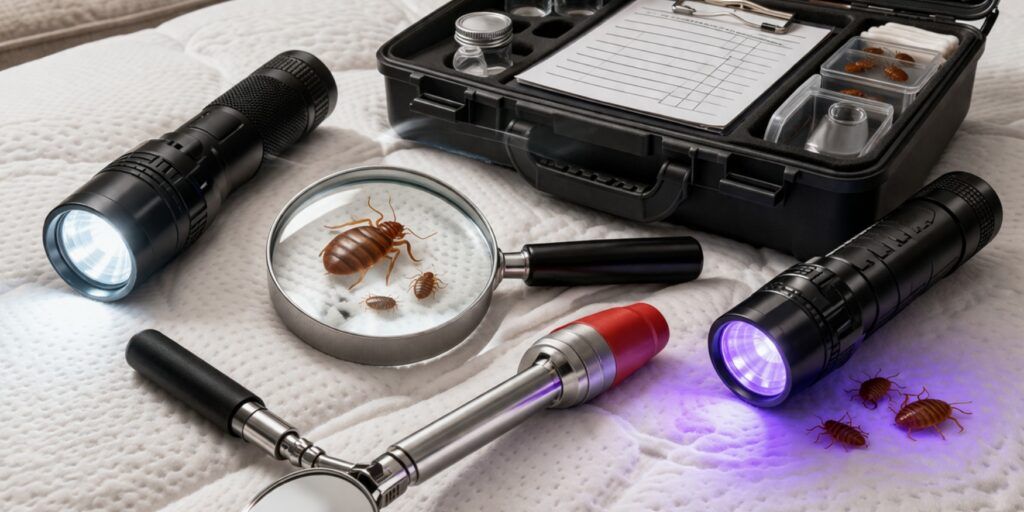 Using flashlight to detect bed bugs in furniture crevices