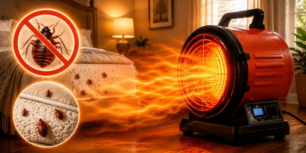 Heat treatment equipment blowing hot air to eliminate bed bugs in bedroom