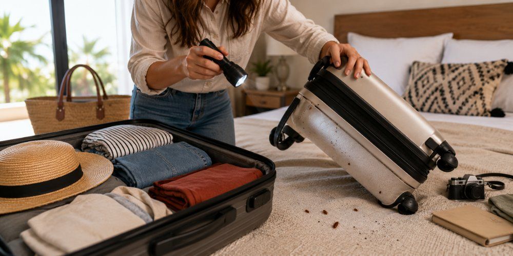 Person inspecting luggage on a bed with a flashlight, checking for bed bugs after travel to prevent bringing an infestation home.