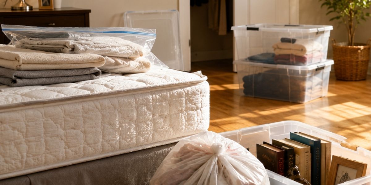 Organized room with packed items and cleared space before bed bug heat treatment