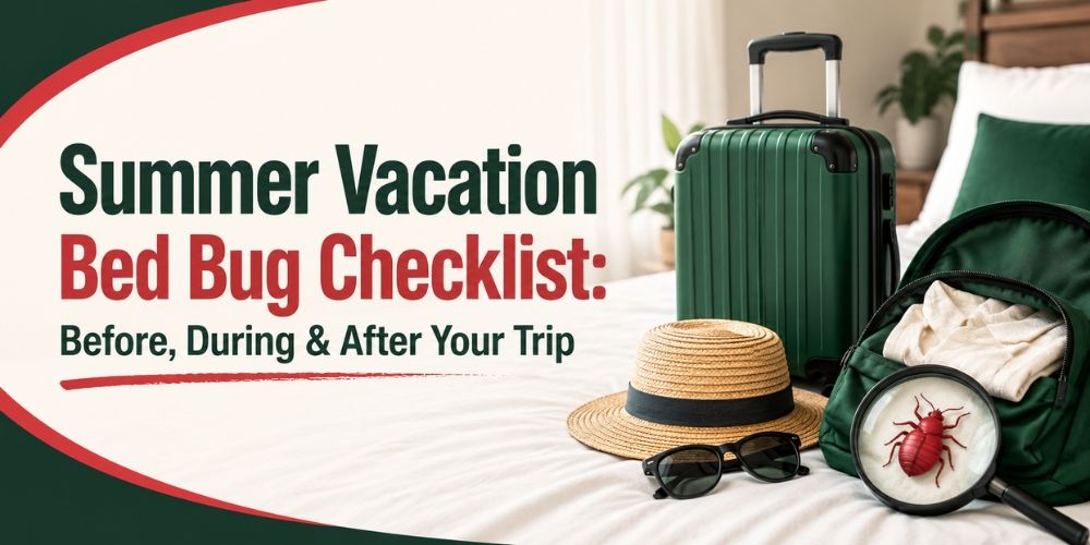 Summer travel bed bug checklist infographic showing luggage, hotel bed inspection, and prevention steps before and after a trip