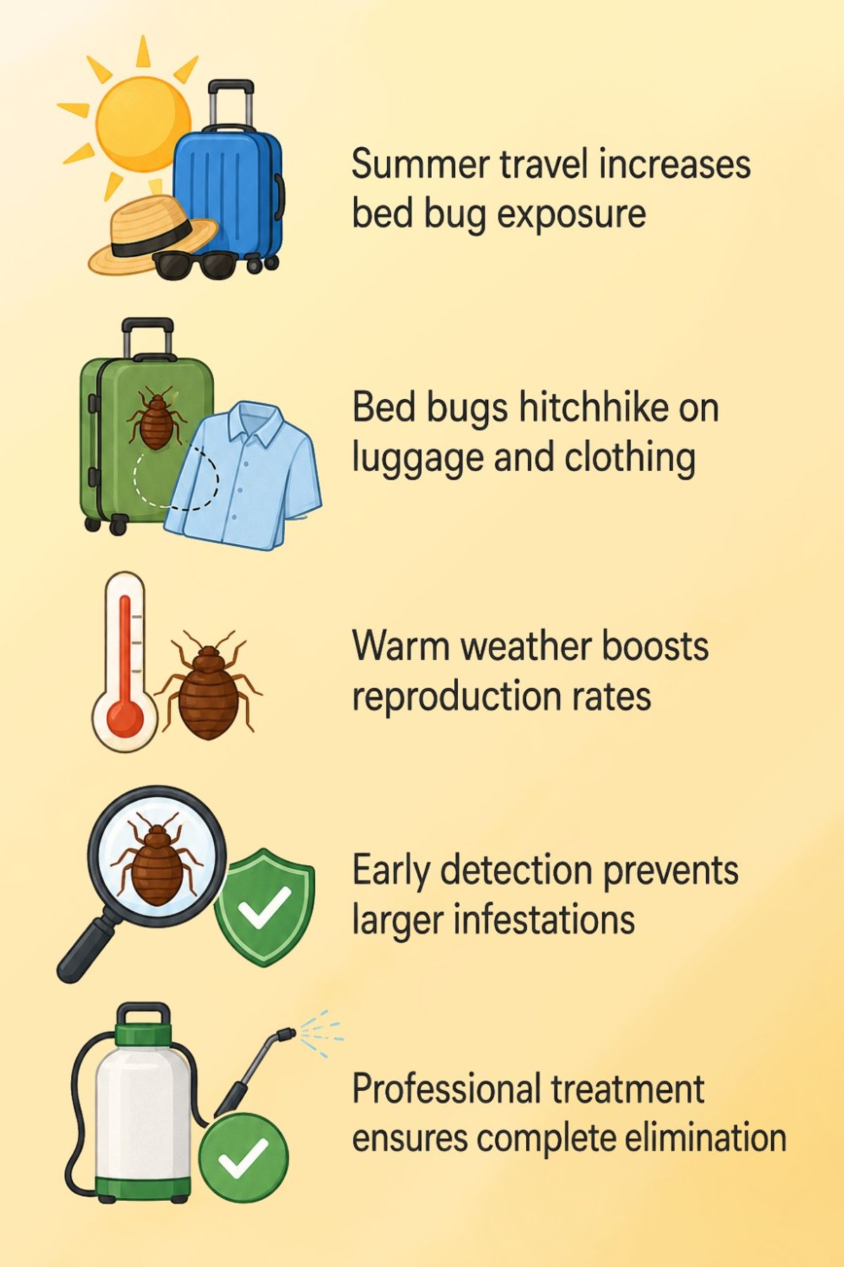 Infographic explaining why summer is peak season for bed bugs, showing increased travel exposure, hitchhiking on luggage and clothing, faster reproduction in warm weather, early detection benefits, and professional treatment solutions