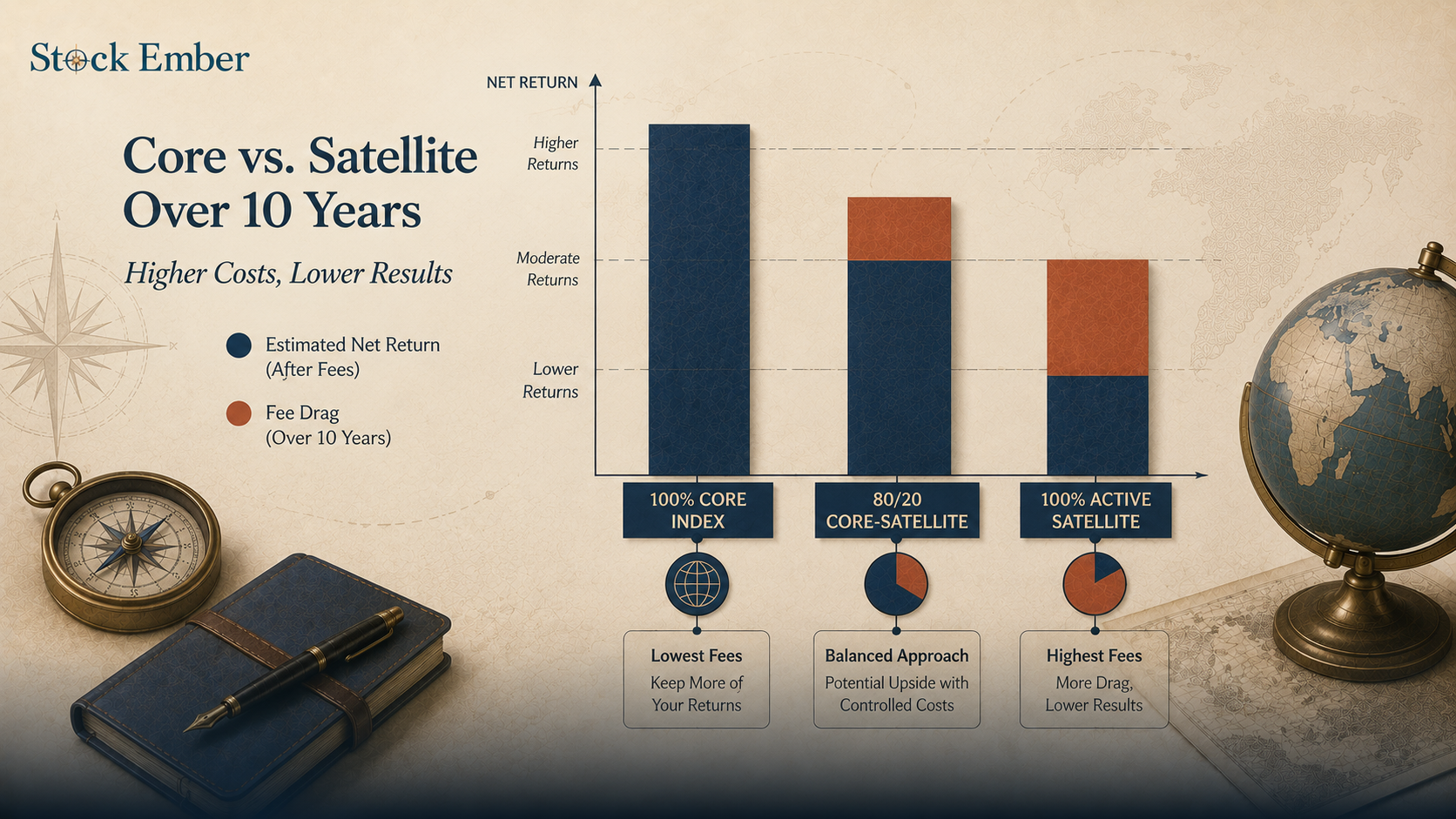 Chart showing 10-year portfolio fee drag across different core satellite allocations