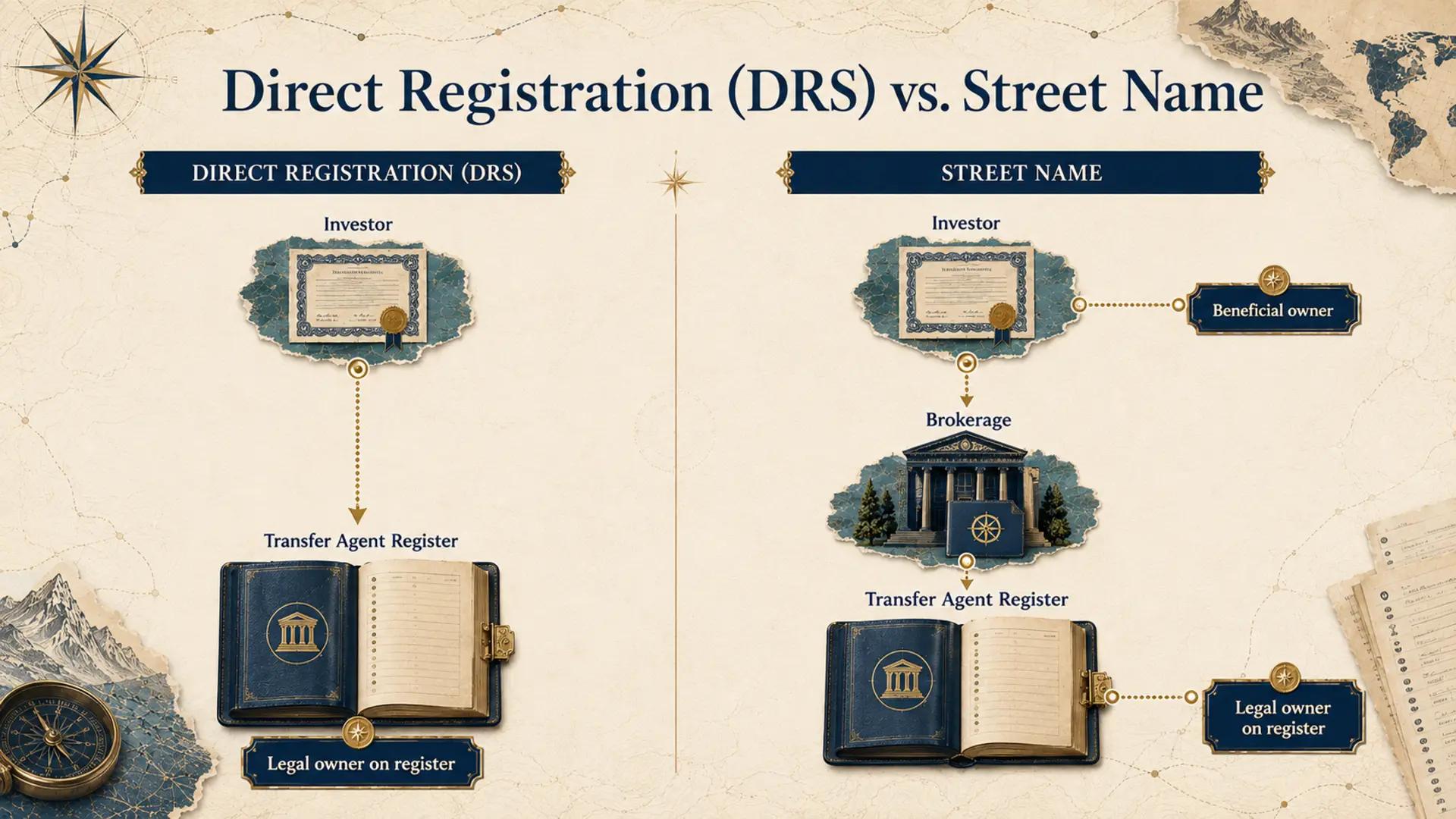 Comparison diagram of transfer agent direct registration versus brokerage street name holding