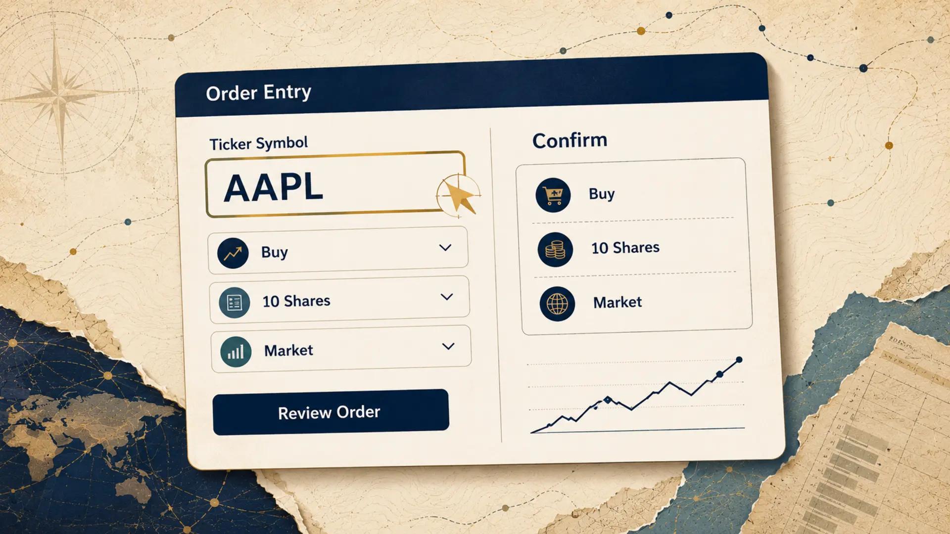 Diagram showing a stock ticker symbol entered into a brokerage order screen.