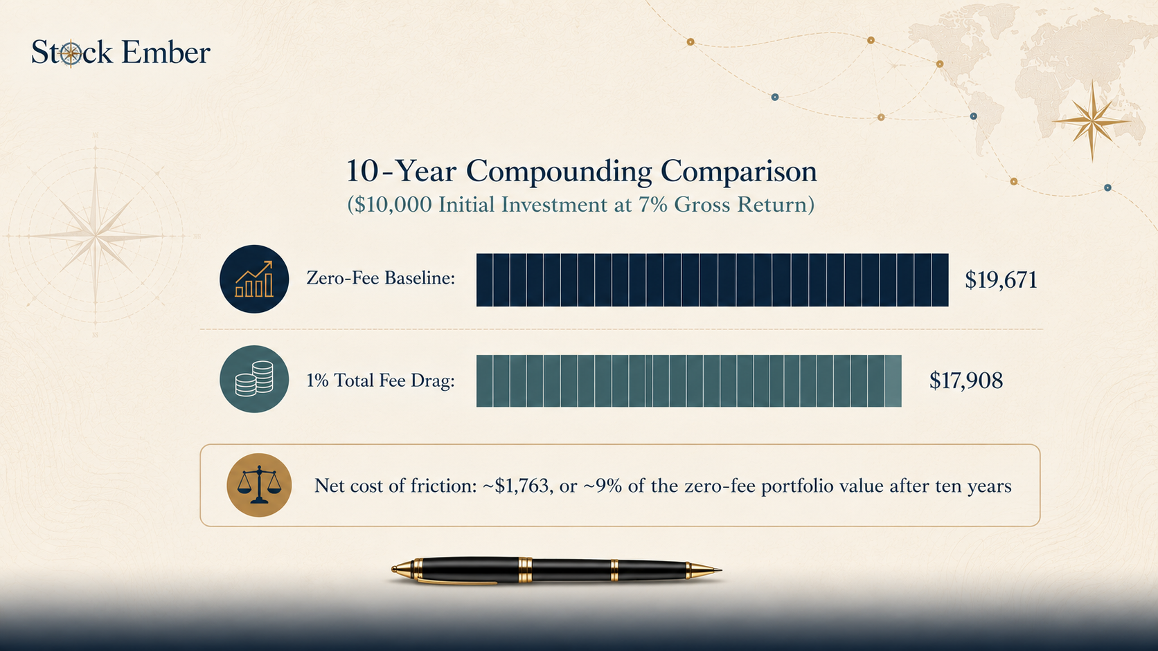 Comparison chart showing the impact of a 1% annual investment cost drag on a $10,000 equity portfolio over 10 years, reducing the ending value from $19,671 to $17,908.