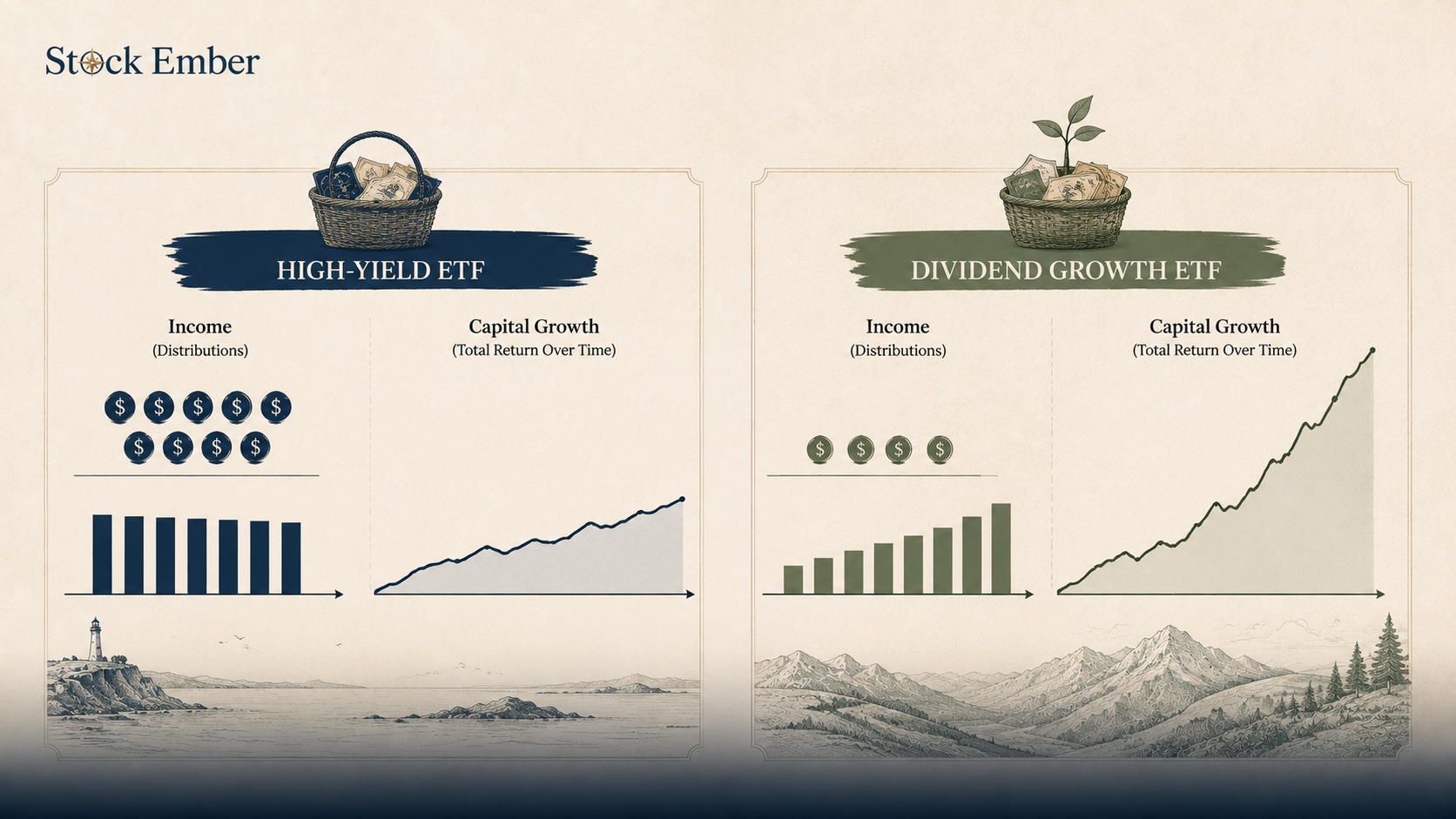 Comparison diagram showing high yield dividend ETF vs dividend growth ETF long term returns