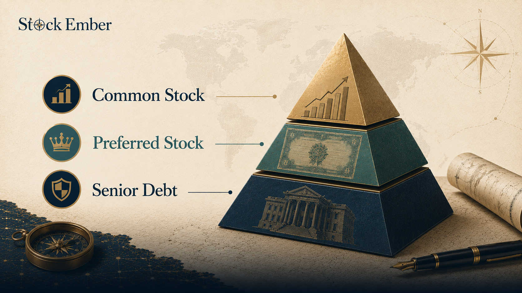 Capital structure diagram showing preferred stock positioned between senior debt and common stock.