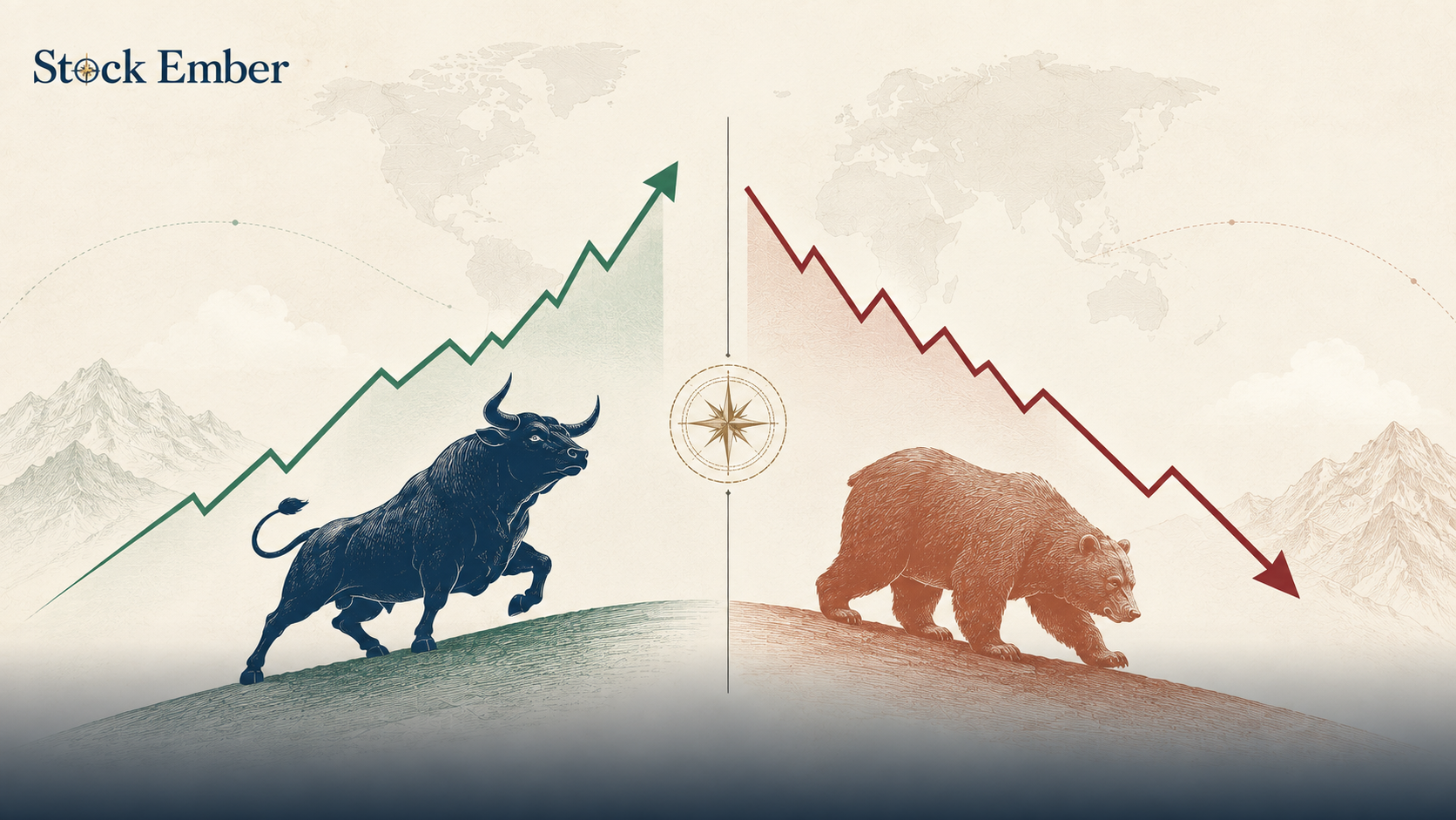 Line chart contrasting a rising bull market trend with a falling bear market trend.