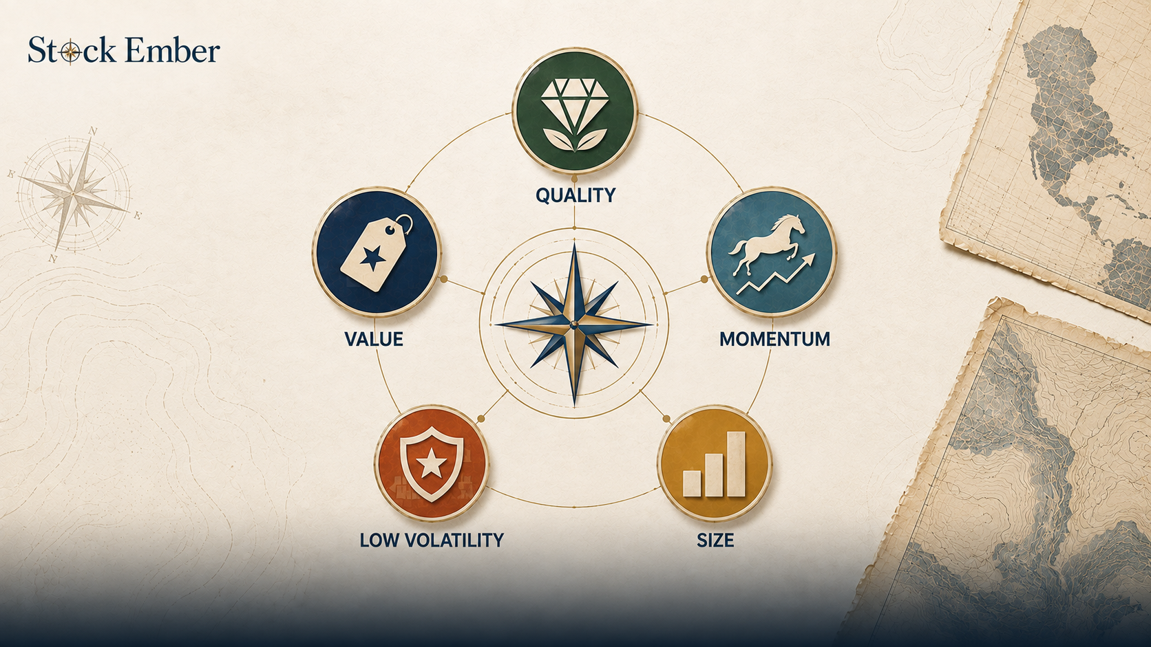 Diagram illustrating the core financial factors used in smart beta strategy index construction.