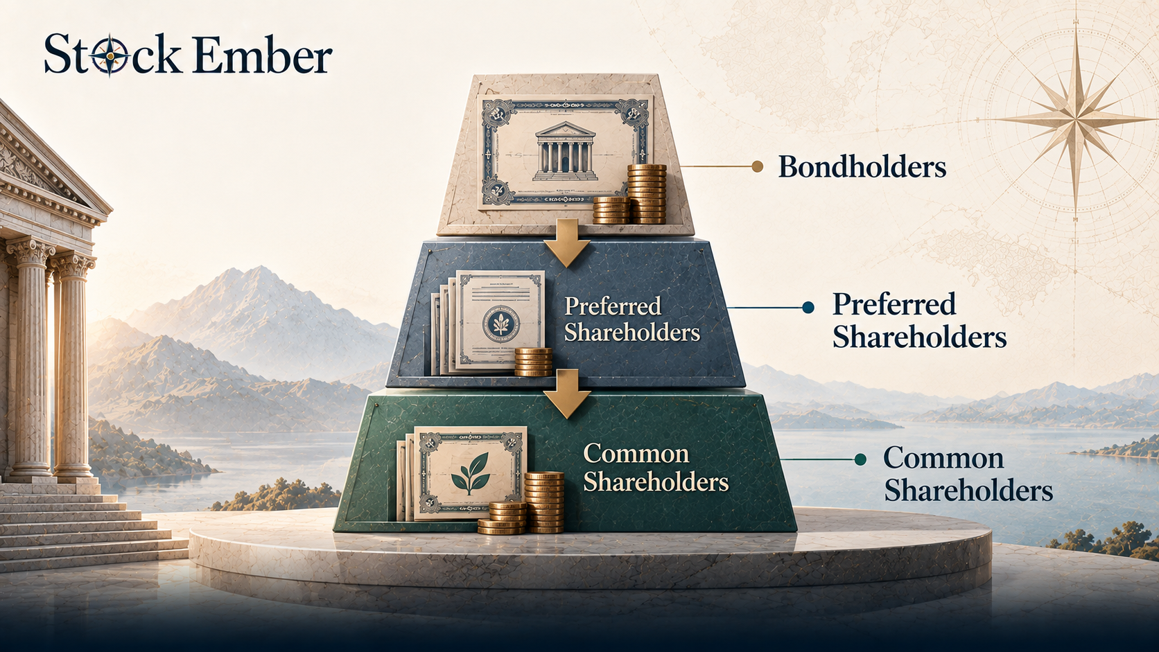 Diagram of corporate capital structure showing priority of bondholders, preferred stock, and common stock.