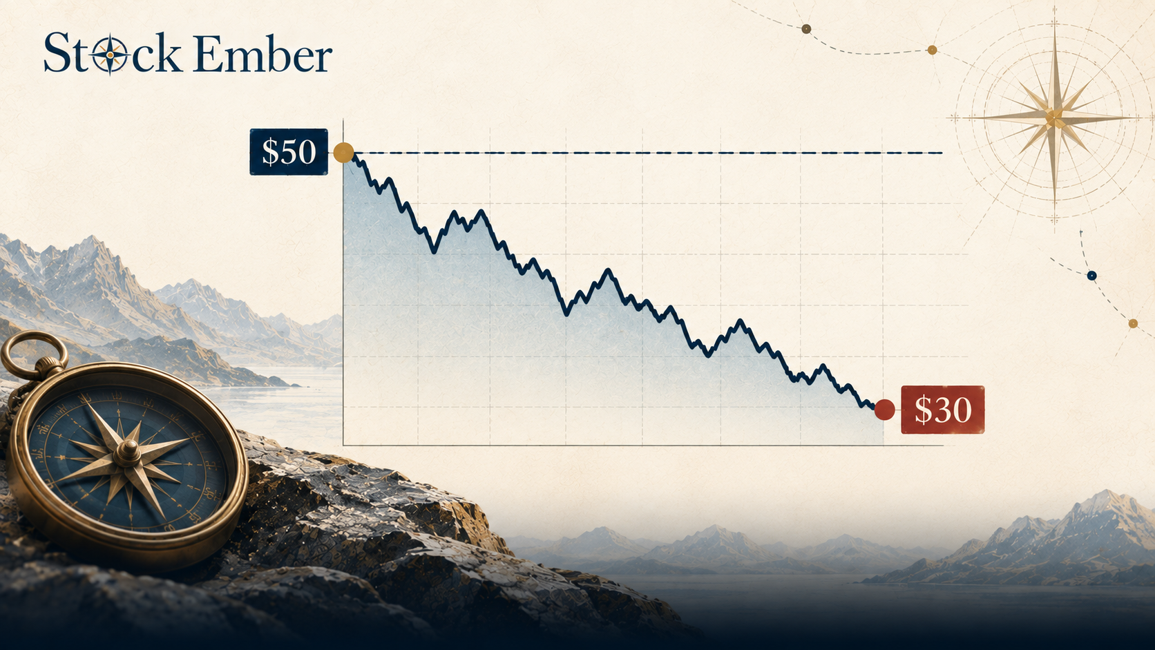 Stock price chart illustrating purchase price anchor at 50 dollars while market value declines.