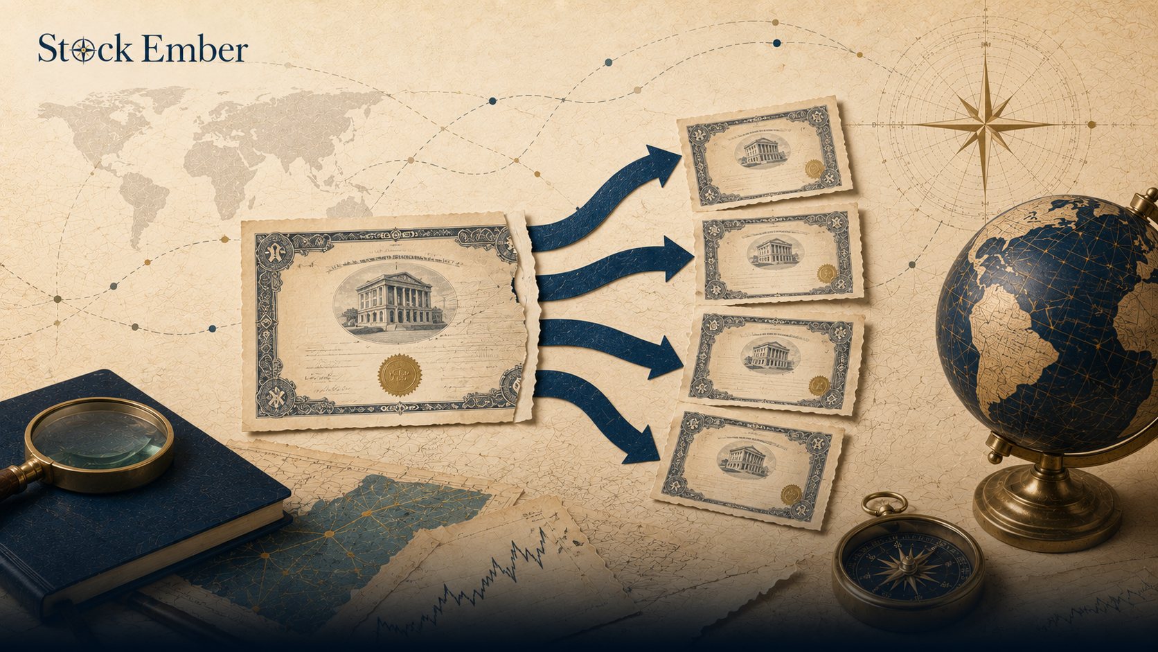 Stock split illustration showing a share certificate dividing into equal portions.