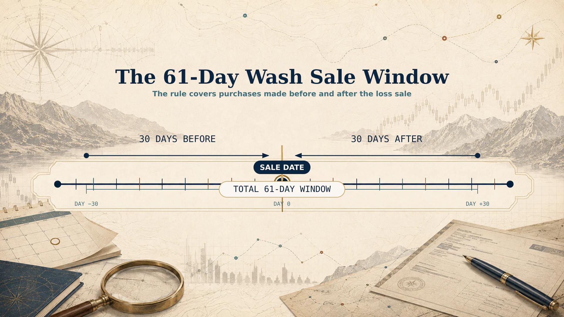 Timeline illustrating the 61-day wash sale window, covering 30 days before and 30 days after the stock sale date.