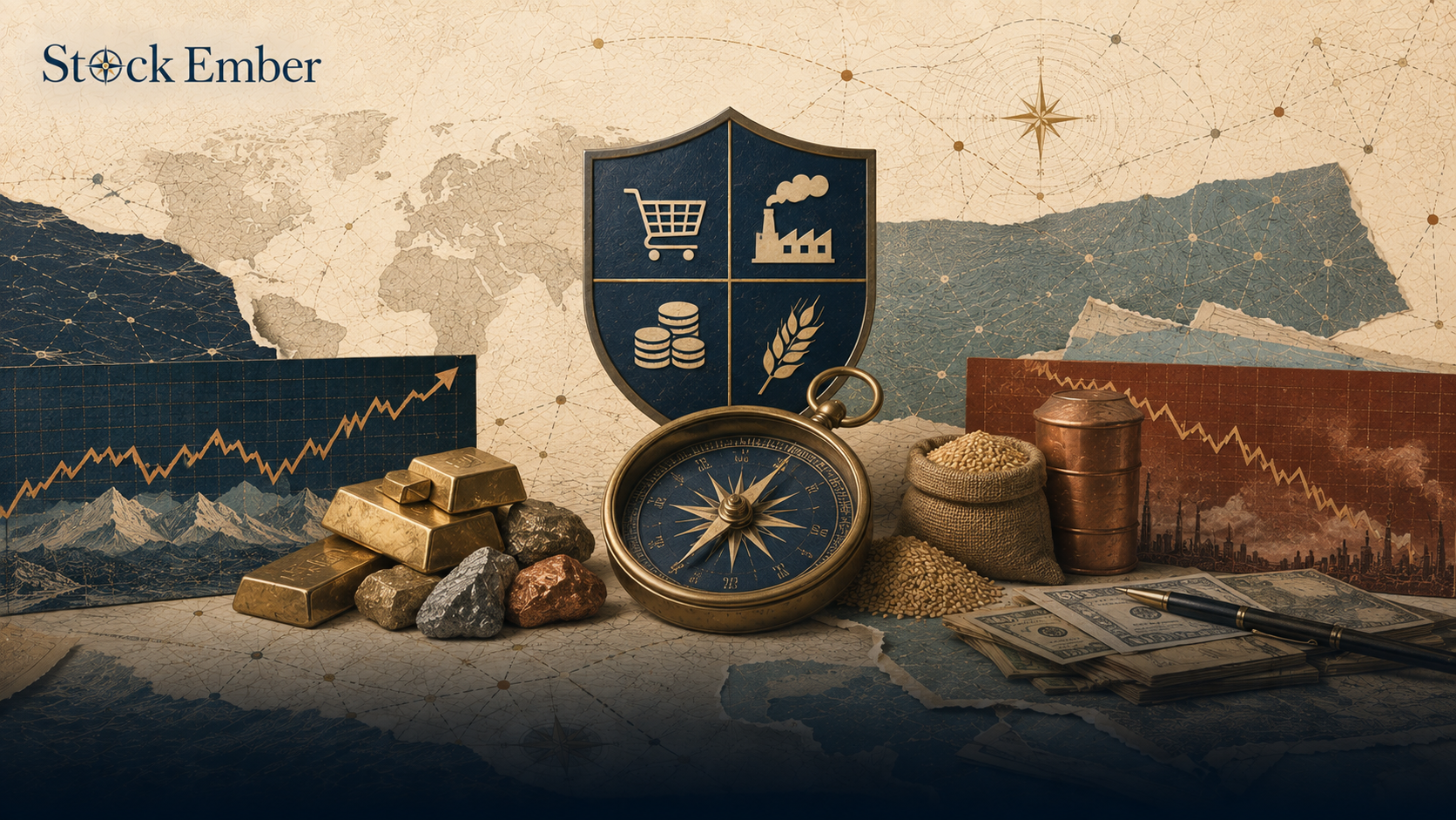 Illustration of a balanced portfolio scale surrounded by inflation and economic market icons.