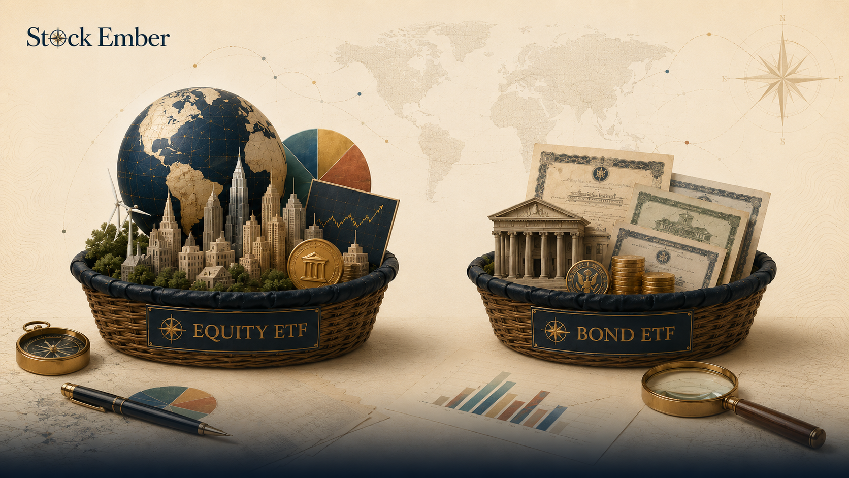 Structural diagram comparing the asset contents of an equity ETF basket against a fixed-income bond ETF basket.
