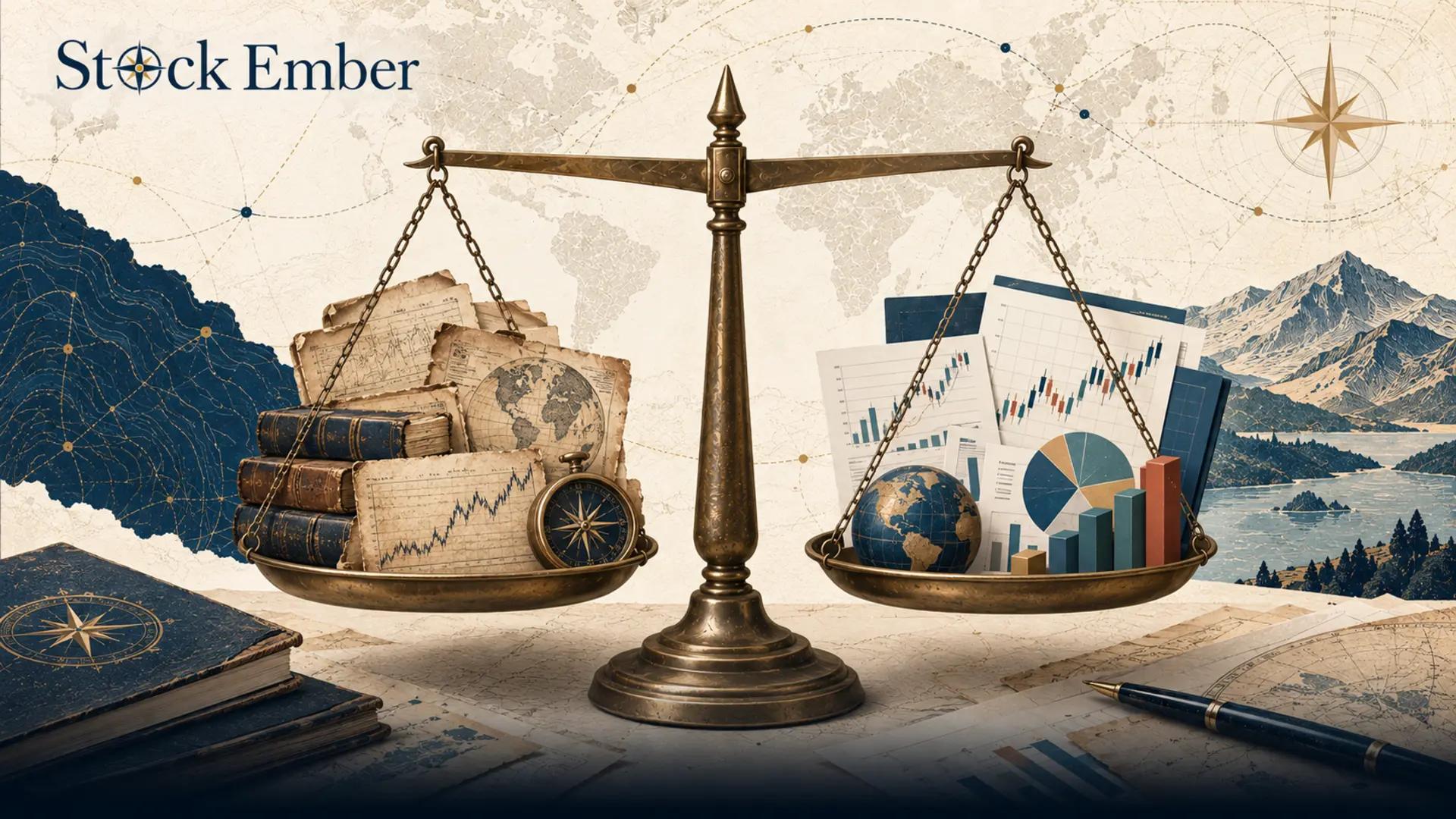 An illustration showing historical stock market records balanced against new financial evidence.