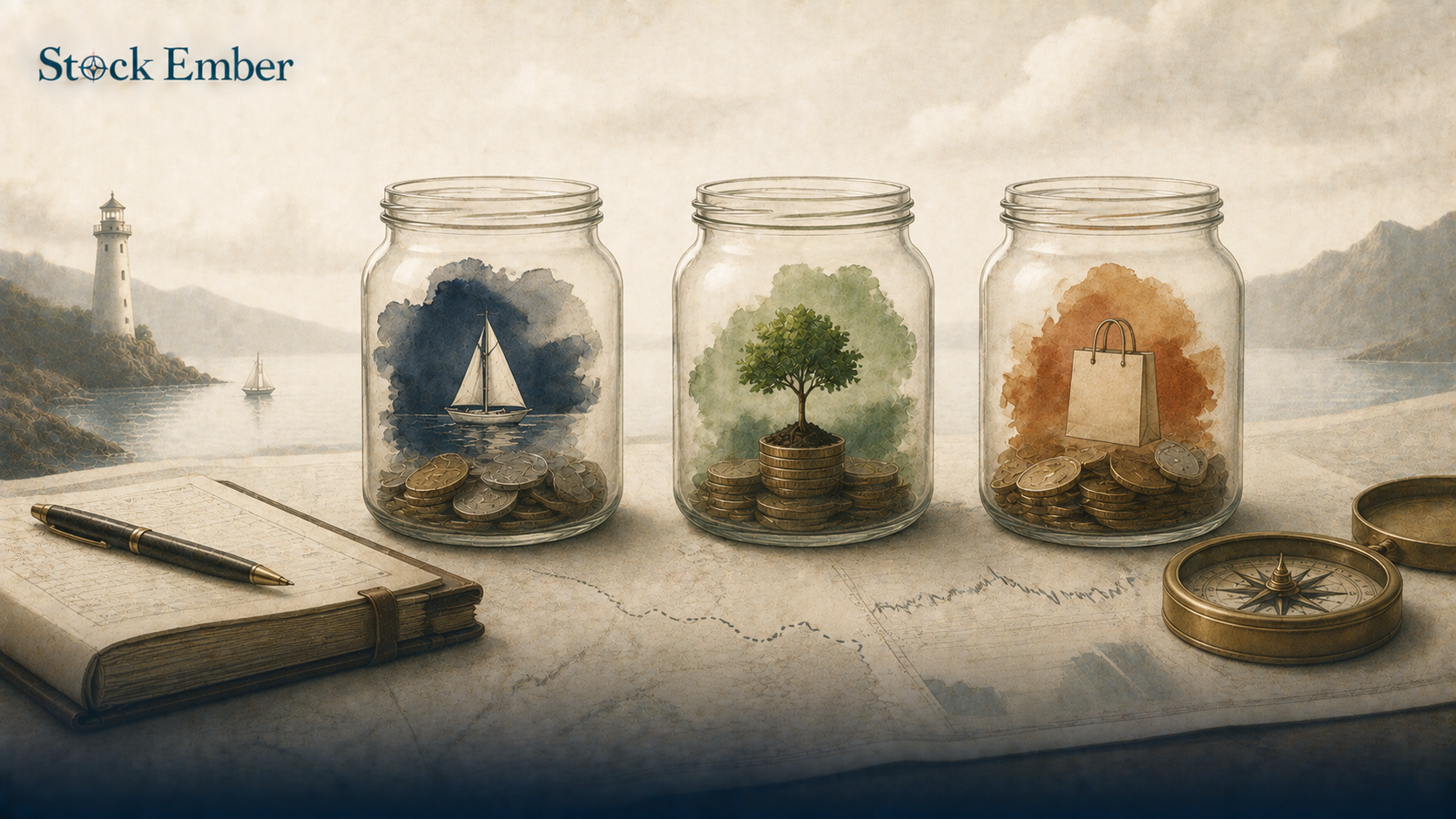 Illustration of dollar bills separated into mental buckets representing financial decision making