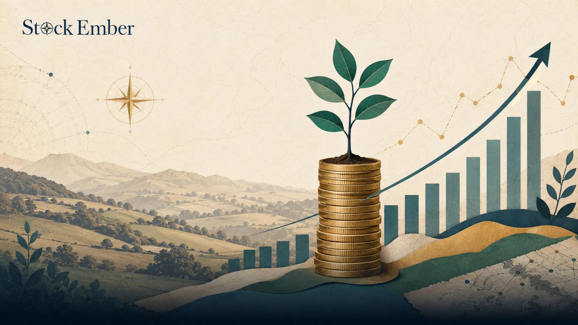 Sapling growing from coins next to a stock growth chart