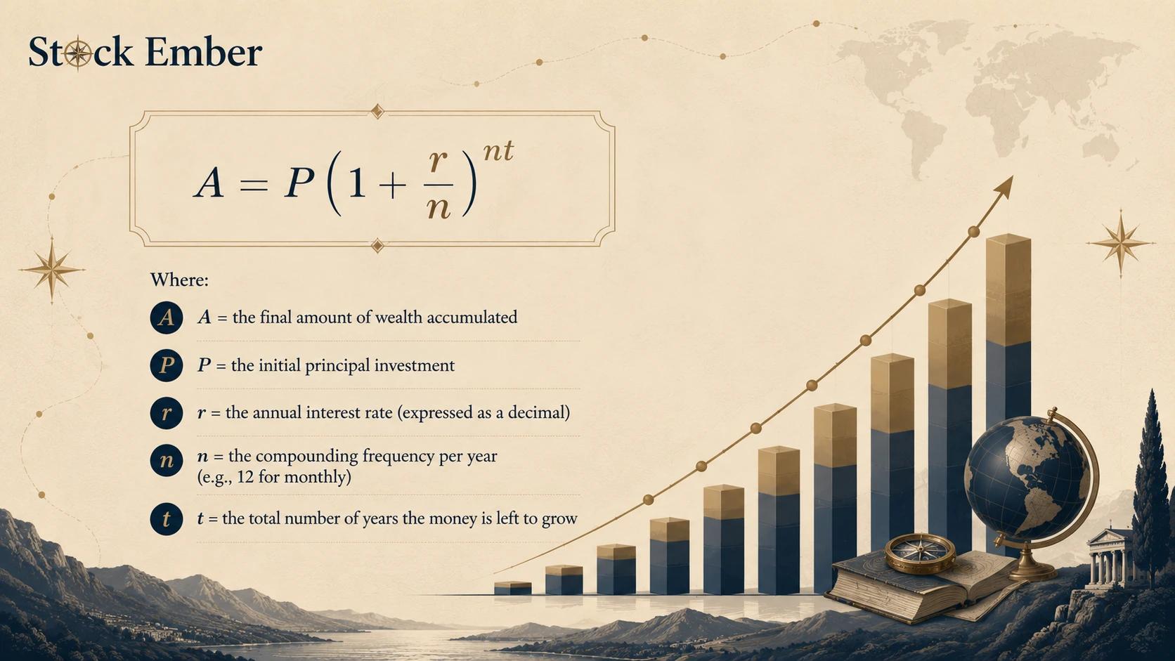 Compound interest formula with definitions of principal, rate, frequency, and time