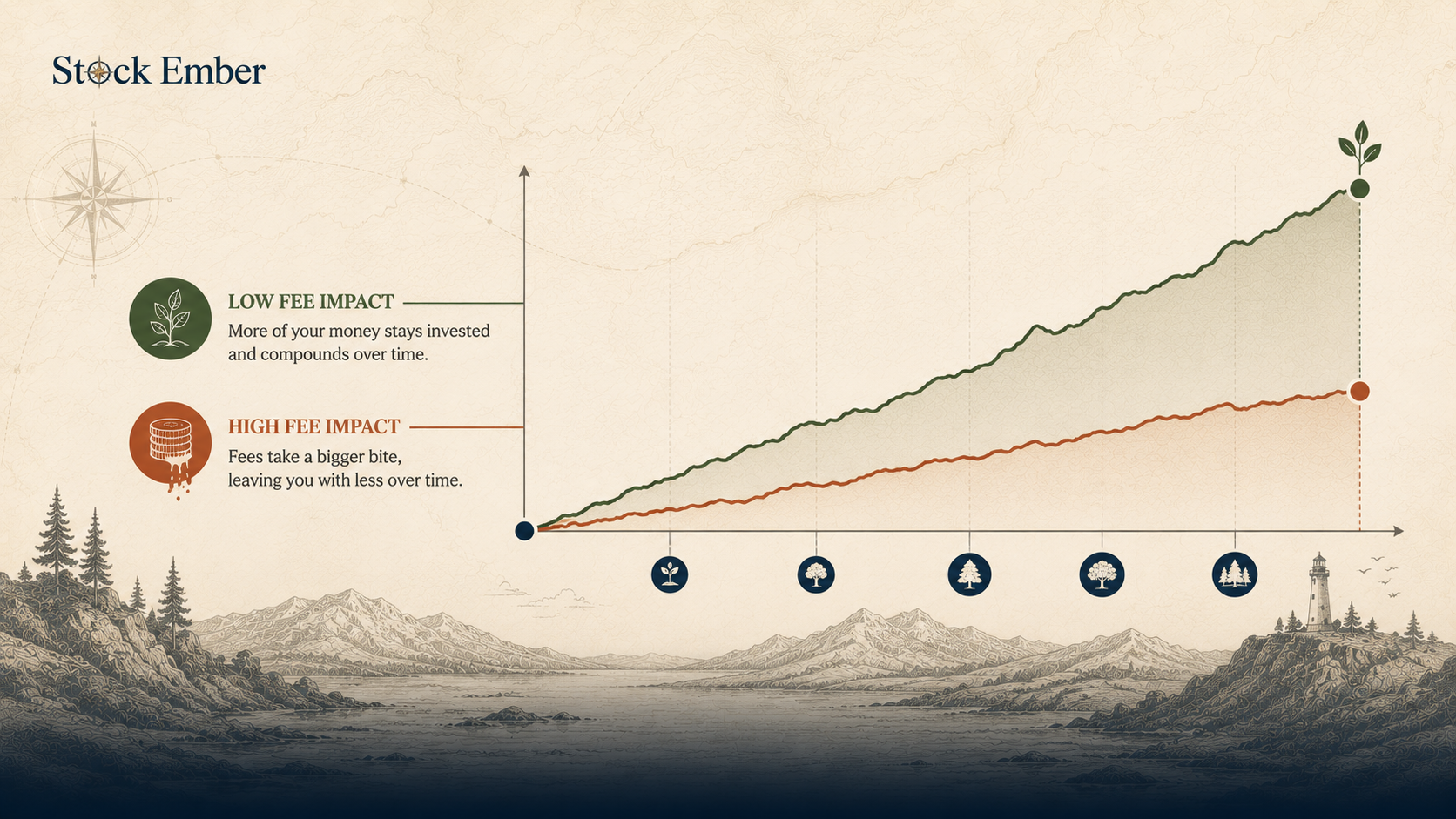 Diagram comparing 10-year compound returns between low-cost index funds and high-cost active funds