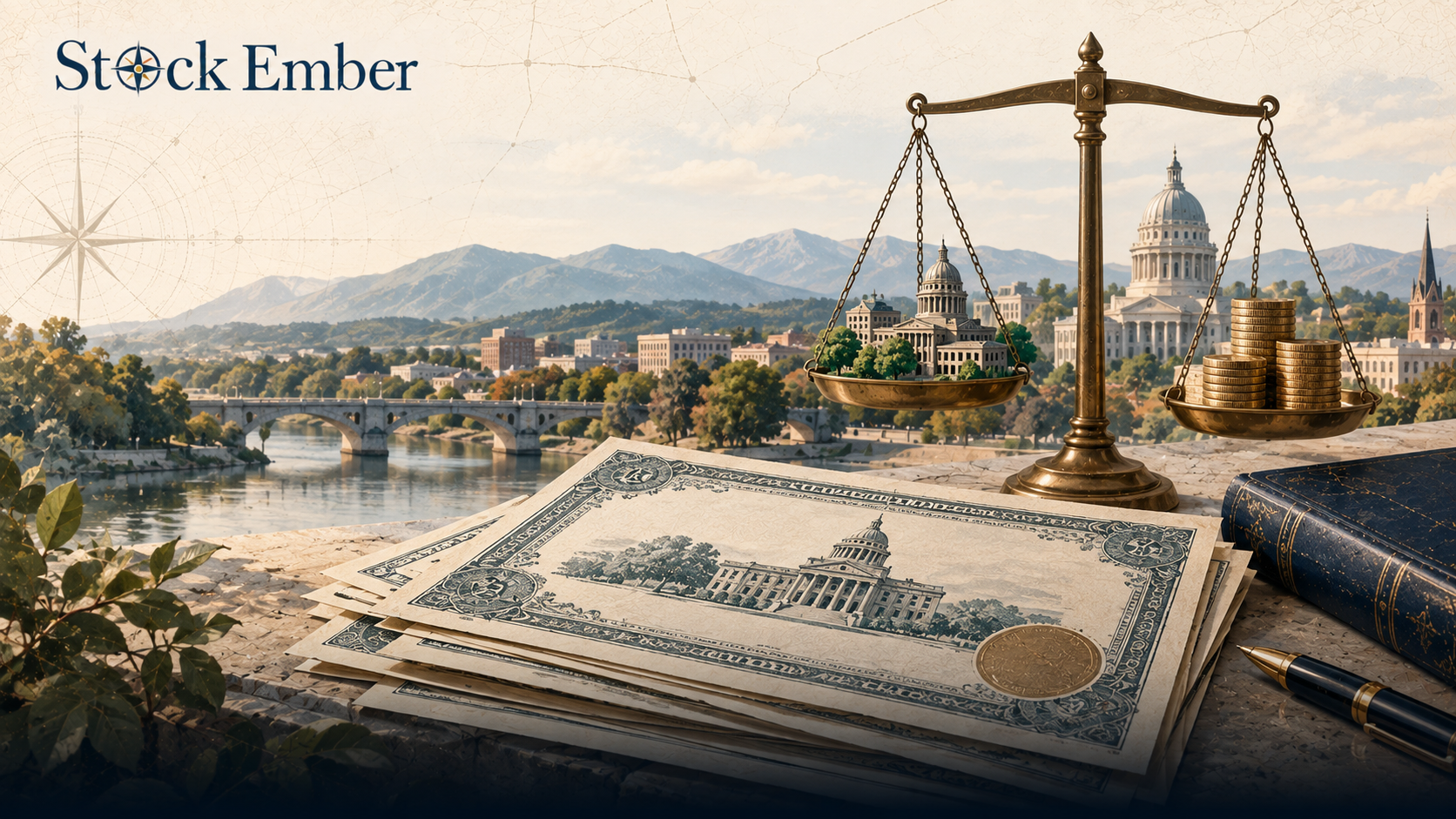 Illustration representing municipal bonds, government infrastructure, and tax calculations