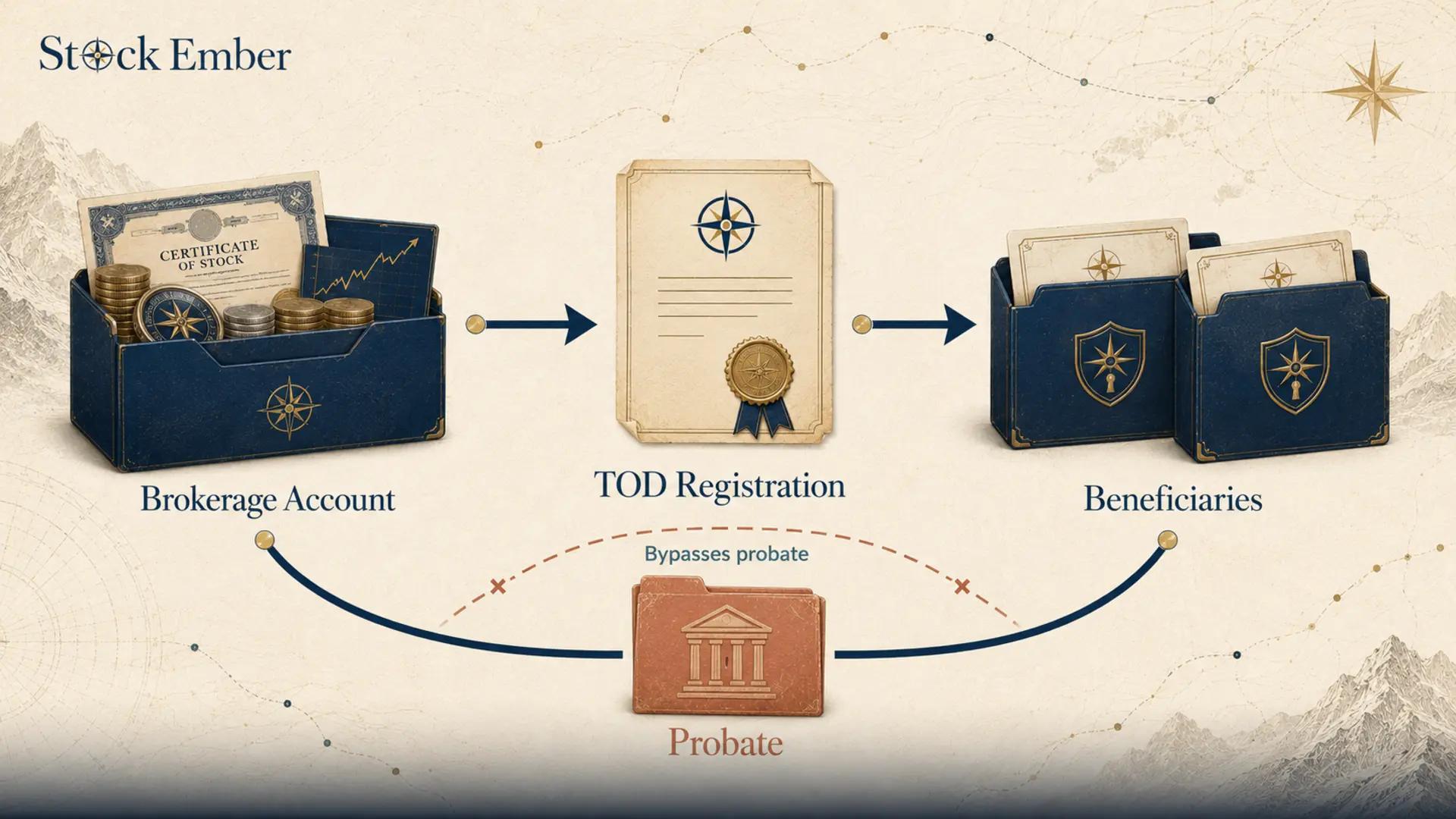 Diagram showing Transfer on Death brokerage account assets bypassing probate to reach beneficiaries directly.