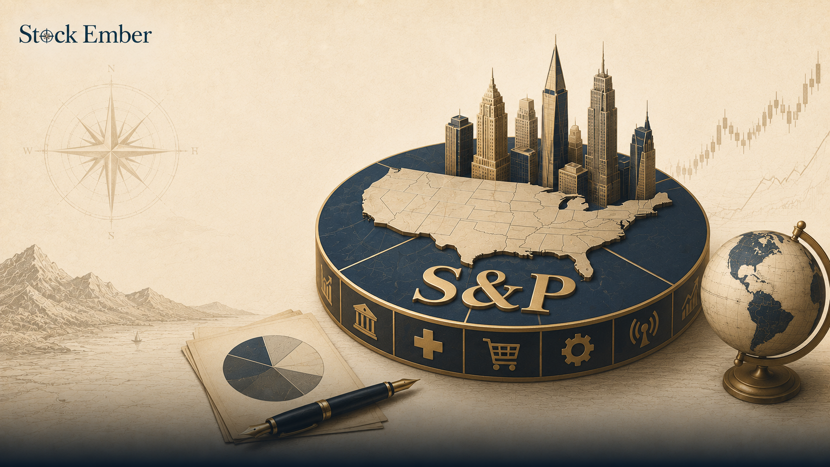 Illustration depicting the S&P 500 stock index representing 500 large public American companies.