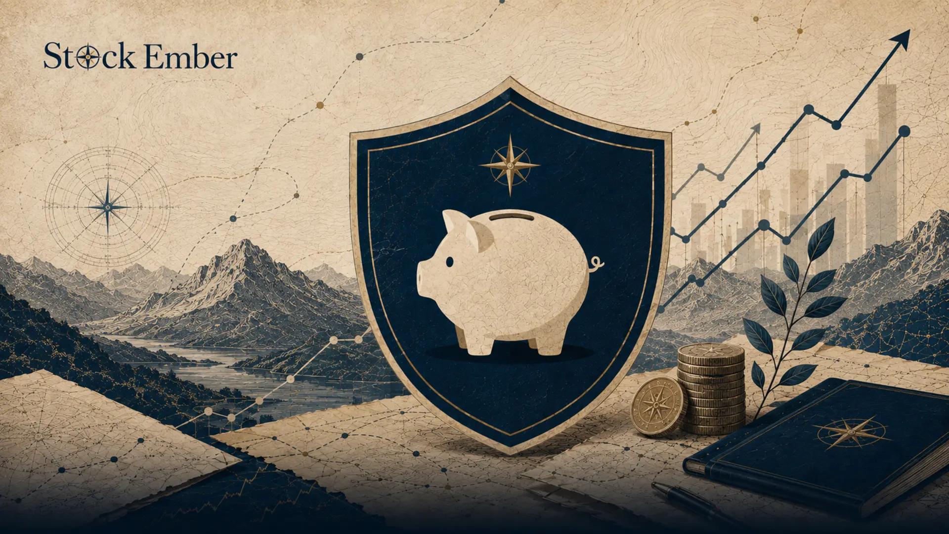 Illustration of a protective shield around investment savings symbolizing mutual fund redemption fee protection.