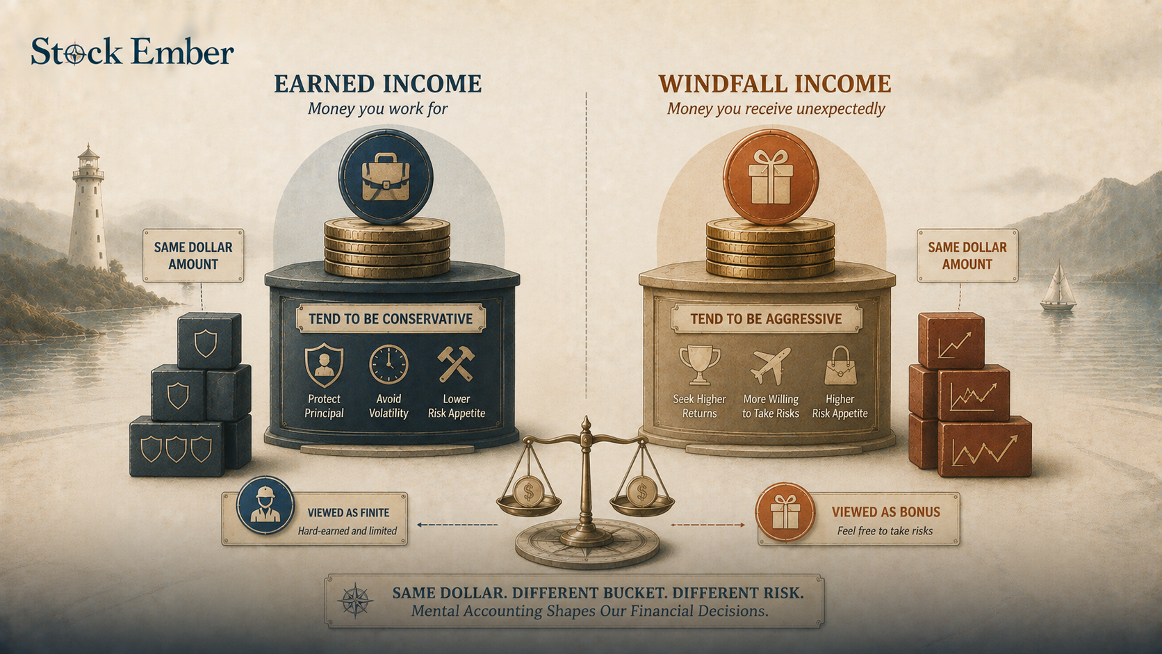 Diagram contrasting regular paycheck income with windfall money in portfolio decision making