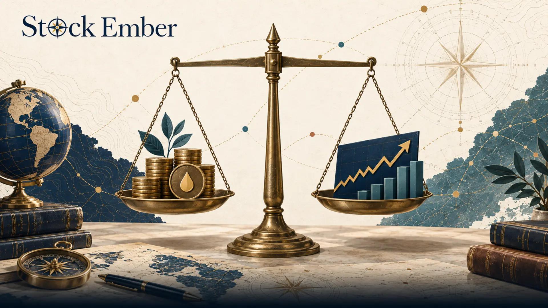 Illustration comparing capital growth and dividend income on a balance scale.