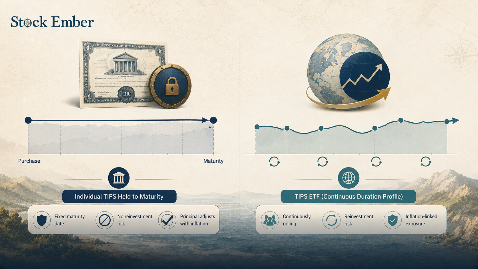 Diagram comparing individual TIPS maturity guarantee versus open-ended TIPS ETF price sensitivity