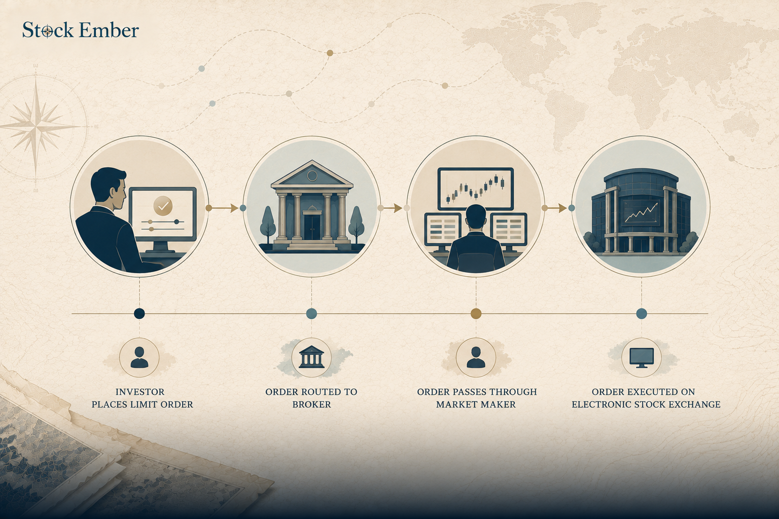 Flowchart depicting order execution steps between brokers, market makers, and stock exchanges.