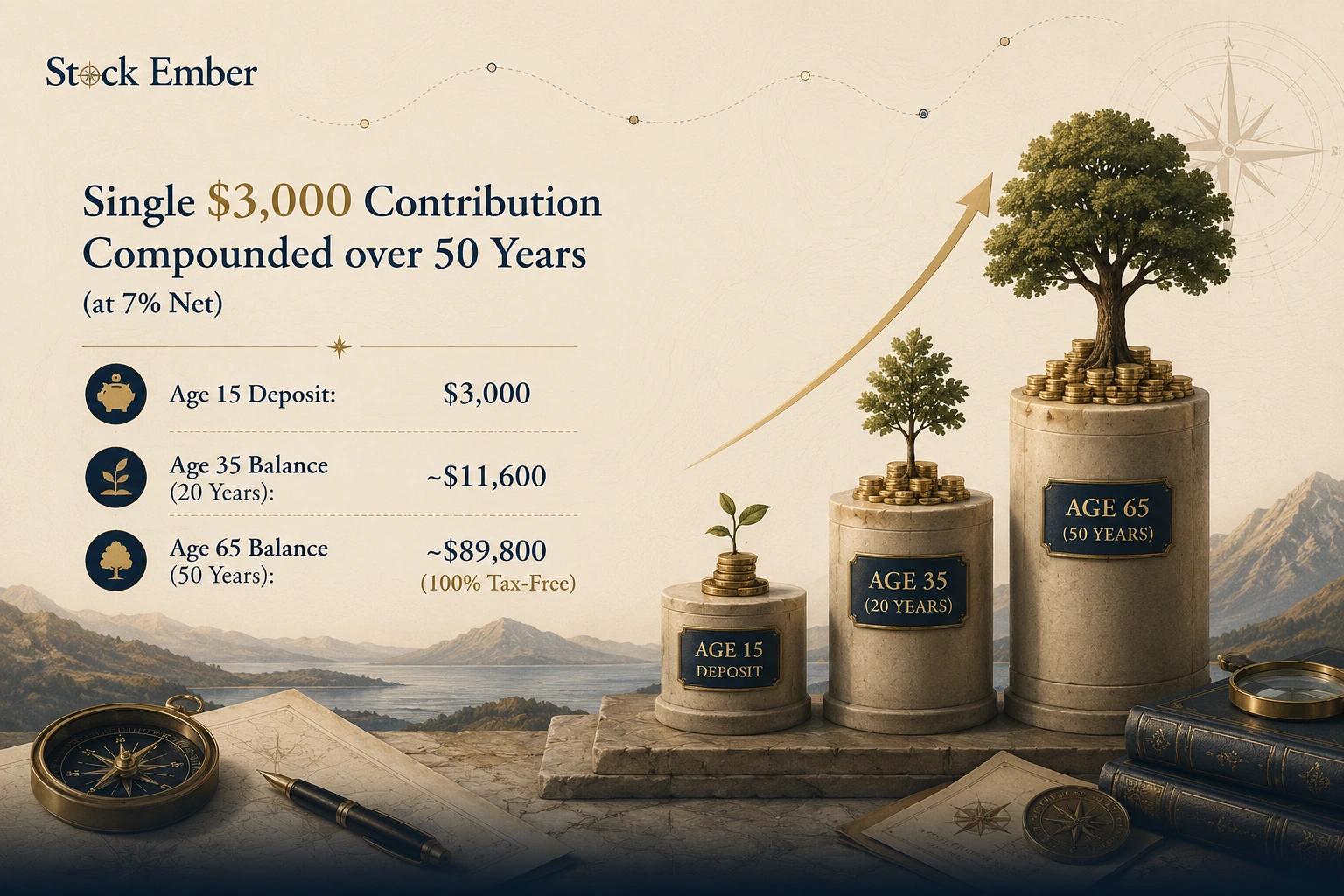Chart showing $3,000 Custodial Roth IRA growing to $90,000 over 50 years at 7% annual return