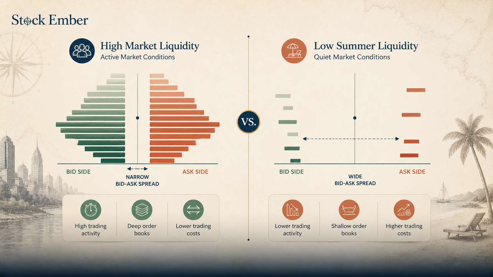 Diagram illustrating how thin trading volume widens bid-ask spreads during summer doldrums