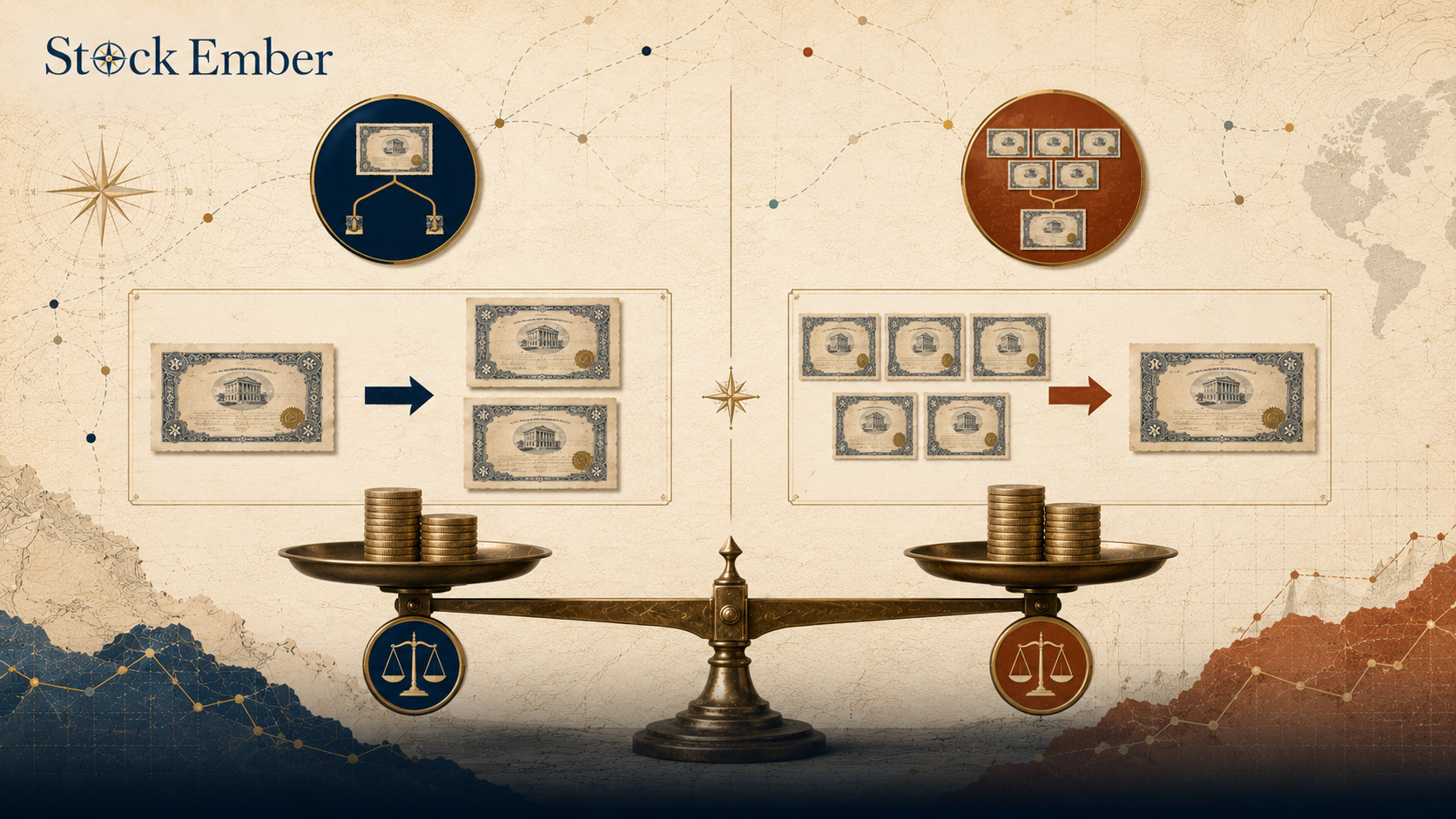 Diagram comparing forward and reverse stock split mechanics.