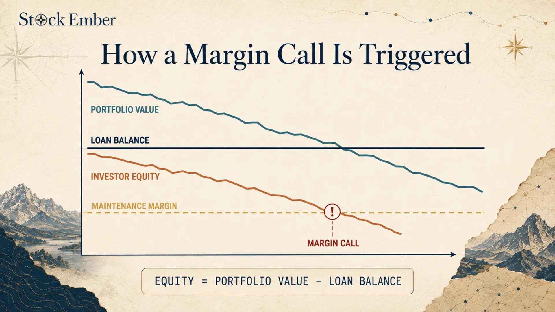 Visual example of a margin call calculation showing portfolio equity falling below maintenance limits.