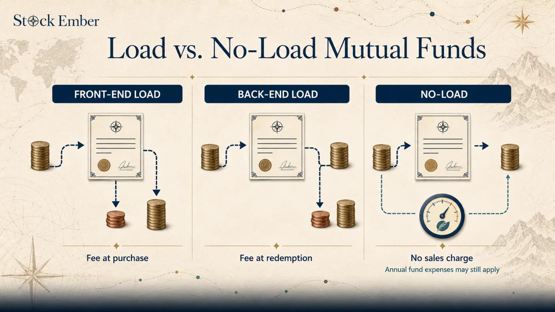 Infographic showing the fee structure differences between load funds and no-load funds.