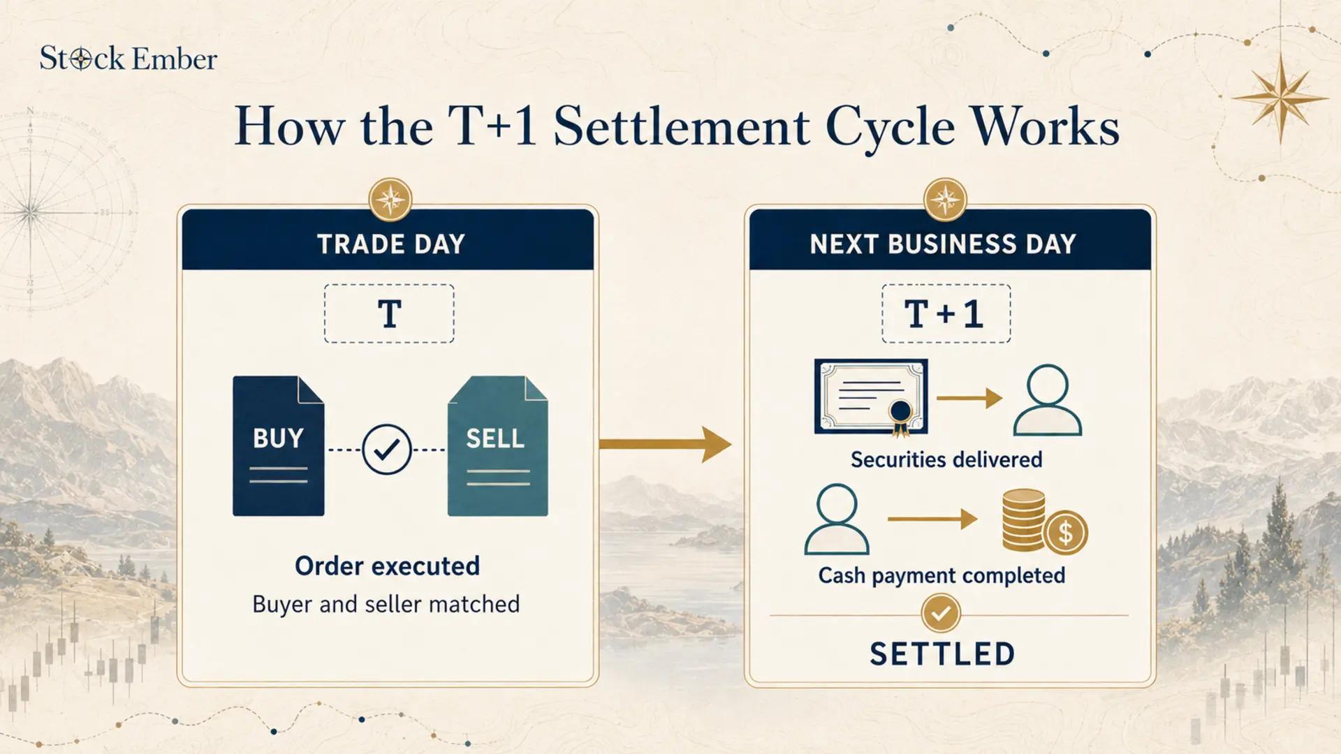 Diagram illustrating trade execution on trade date T and settlement completing on day T plus 1.