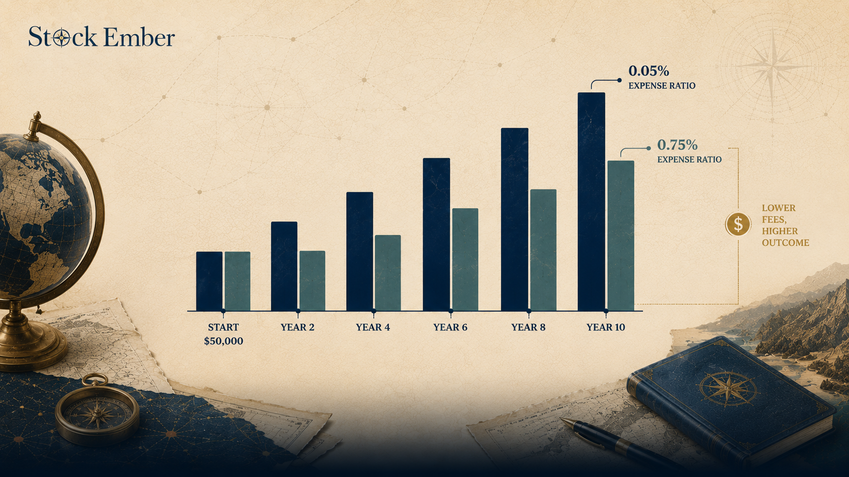 Chart illustrating the 10-year compounding fee drag between low-cost and high-cost mutual funds.