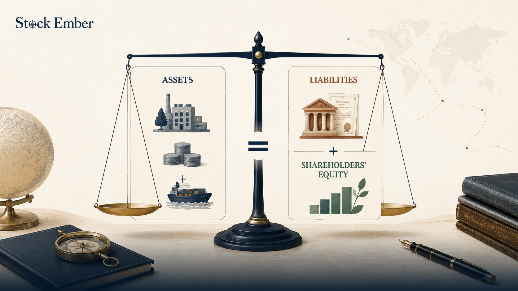 Diagram illustrating the accounting equation: Assets equal Liabilities plus Shareholders' Equity.