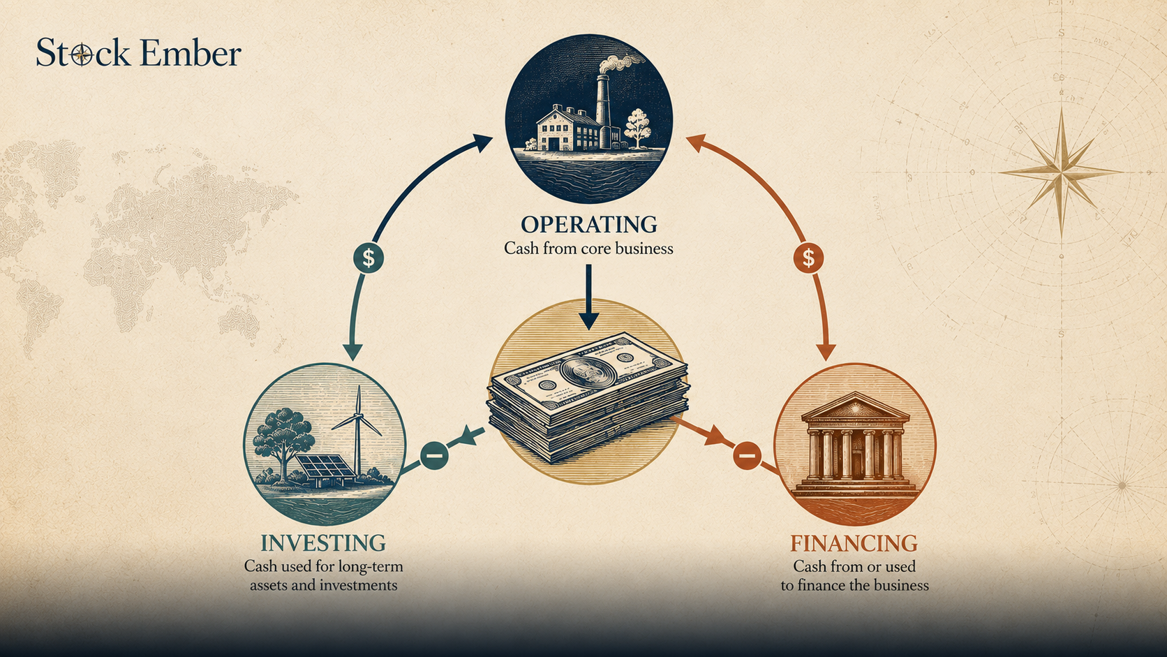 Diagram detailing operating, investing, and financing cash flow sections.