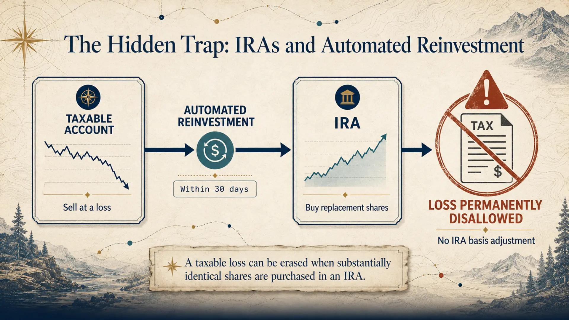 Diagram illustrating how buying replacement shares in an IRA permanently destroys a tax loss deduction.
