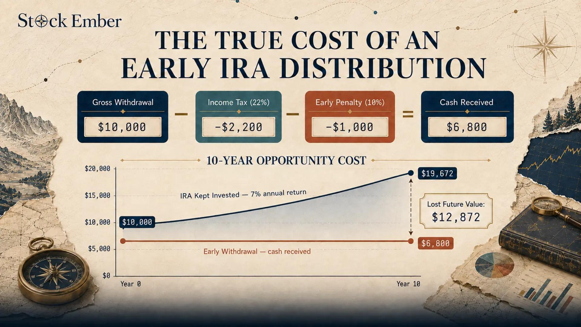 Chart showing 10-year compounding losses from an early IRA withdrawal